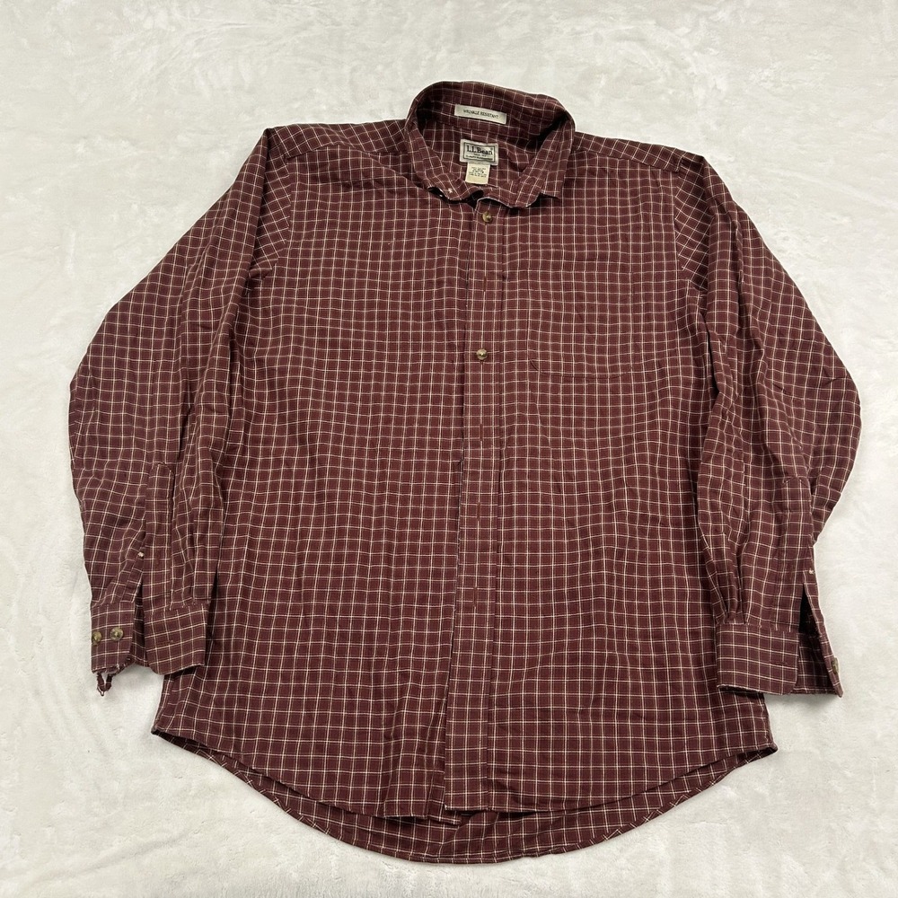 LL Bean Button Down Shirt Mens M Burgundy Grid Wrinkle Resistant OMT78